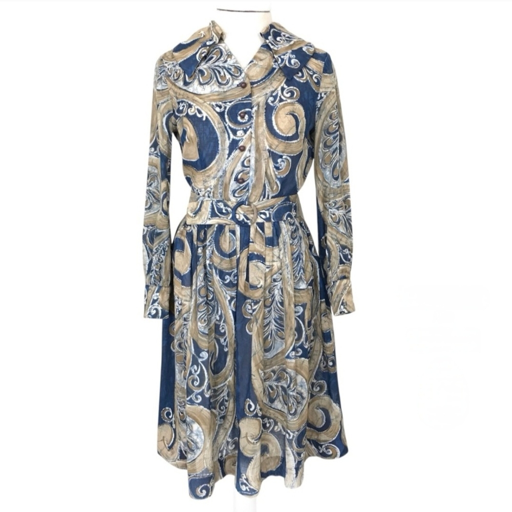 Authentic 1950s Original Vintage  Blue and Beige  Midi Dress
